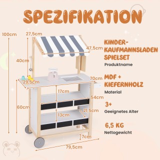Costway Παιδικό Ξύλινο Καρότσι Παγωτού με 6 Παγωτά και 2 Ράφια Γκρι...