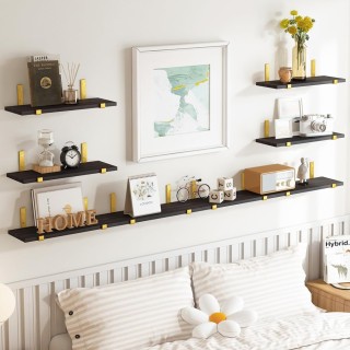 BAKAJI Σετ 8 Μαύρα Ξύλινα Ράφια Τοίχου με Χρυσά Στηρίγματα, 40x15εκ...