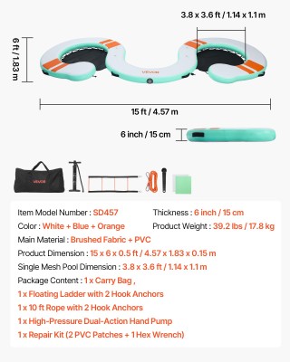 VEVOR Φουσκωτή Πλωτή Πλατφόρμα 4,57 x 1,83 μ. με Αντιολισθητική Επι...