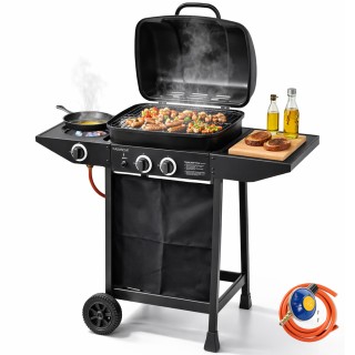 BAKAJI Μπάρμπεκιου αερίου με 2 καυστήρες, πλευρικό μάτι, ρόδες και ...