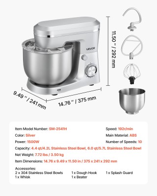 VEVOR Ηλεκτρικός Μίξερ Κουζίνας 1500W με Δύο Κάδους από Ανοξείδωτο ... VEVOR Ηλεκτρικός Μίξερ Κουζίνας 1500W με Δύο Κάδους από Ανοξείδωτο ...