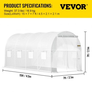 VEVOR Θερμοκήπιο Σήραγγας 15x7x7 ft με Γαλβανισμένους Στύλους, 2 Πό...