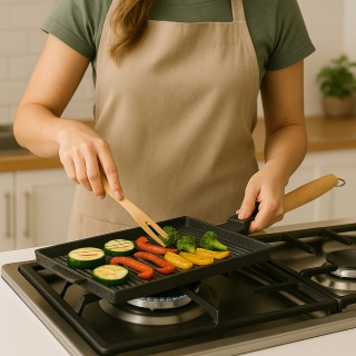 BAKAJI Διπλής Χρήσης Ορθογώνιο Αντικολλητικό Grill 35x25cm με Ξύλιν...