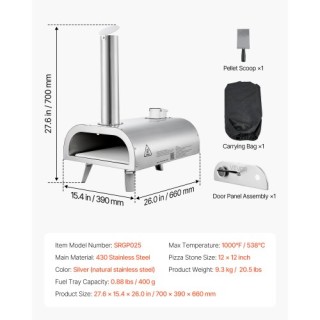 VEVOR Φορητός Εξωτερικός Φούρνος Πίτσας 12 από Ανοξείδωτο Ατσάλι με...