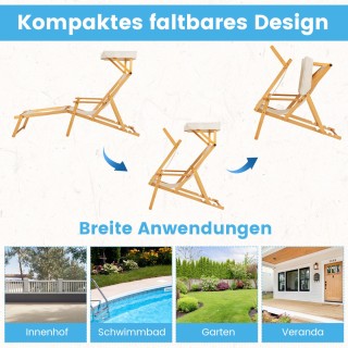 Costway Ξαπλώστρα Παραλίας από Μασίφ Ξύλο Οξιάς με Ρυθμιζόμενη Πλάτ...