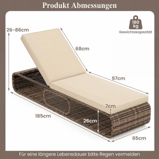 Costway Ξαπλώστρα μπαλκονιού από ρατάν με μαξιλάρι και ρυθμιζόμενη ...