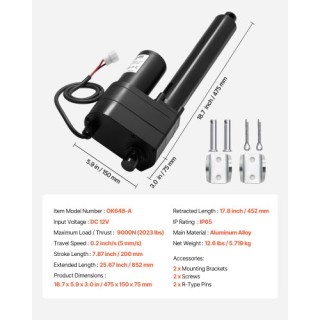 VEVOR 12V Γραμμικός Ενεργοποιητής, 200mm Διαδρομή, Υπερβολικής Αντο...