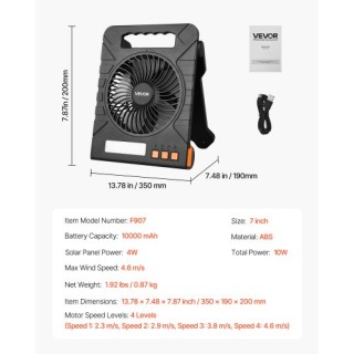 VEVOR Φορητός Ανεμιστήρας 10000mAh με Ηλιακή Φόρτιση & LED Φανάρι T...