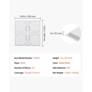 VEVOR Πάνελ Τοίχου 3D 33-Τεμαχίων 11.81x11.81 PVC 32 Τ.Π. Κάλυψη Λε...