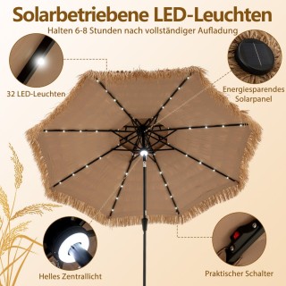 Costway Ομπρέλα Χαβάη 300 cm με LED Ηλιακό Φωτισμό και Διπλή Οροφή ...