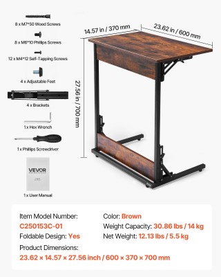 VEVOR Πτυσσόμενο Τραπεζάκι C για Καναπέ με Μεταλλικό Σκελετό, Καφέ,...