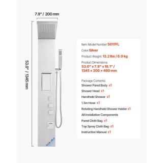 VEVOR Σύστημα Ντους Αλουμινίου με Ακροφύσια Μασάζ, Χρώματος Ασημί F...