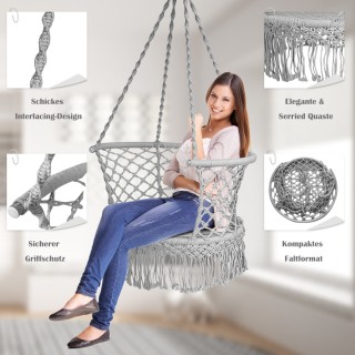 Costway Γκρι Μάκραμε Κρεμαστή Καρέκλα από Βαμβακερό Σχοινί HW65703HS