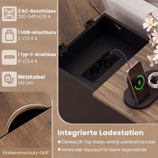 Costway Πλευρικό Τραπέζι/Ντουλάπι με Σταθμό Φόρτισης και Αναδιπλούμ...