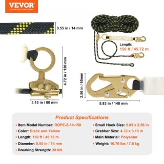 VEVOR Αναρριχητικό Σχοινί 150ft Μαύρο & Κίτρινο με Ατσάλινους Γάντζ...