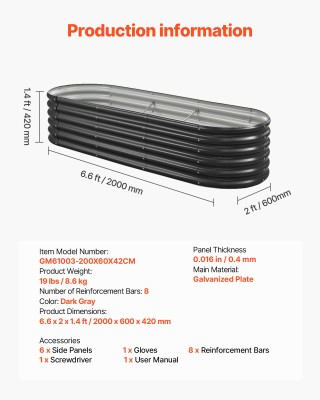 VEVOR Μεταλλικό Υπερυψωμένο Παρτέρι, Σκοτεινό Γκρι, 2.0 x 0.6 x 0.4...