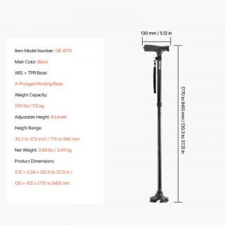 VEVOR Πτυσσόμενο μπαστούνι βάδισης με 8 επίπεδα ύψους και περιστρεφ...