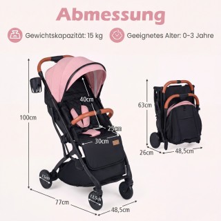 Costway Πτυσσόμενο ροζ καρότσι ταξιδιού με κάλυμμα βροχής, ρυθμιζόμ...