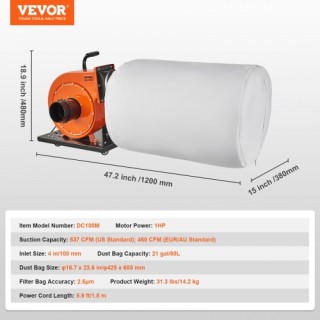 Συλλέκτης Σκόνης VEVOR 1HP 460 CFM με Σακούλα 21 Γαλόνια JCQ1HPLSD... Συλλέκτης Σκόνης VEVOR 1HP 460 CFM με Σακούλα 21 Γαλόνια JCQ1HPLSD...