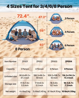 VEVOR Σκηνή Παραλίας για 8 Άτομα, Προστασία UPF 50+, Φορητή Τέντα μ...