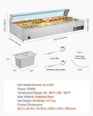 VEVOR Ηλεκτρικός Θερμαντήρας Τροφίμων με Γυάλινο Κάλυμμα, 12 Θέσεων...