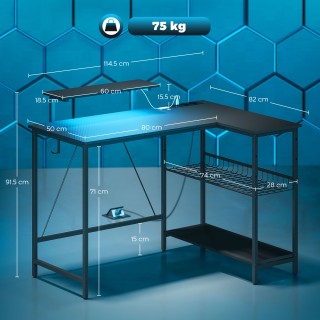 HOMCOM Γωνιακό Gaming Γραφείο με LED, Ηλεκτρικές Πρίζες, Υποστήριξη...