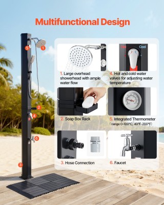 VEVOR Εξωτερικό Ντους 40L Μαύρο με Ηλιακή Θέρμανση, Υψος Ντουζιέρας...