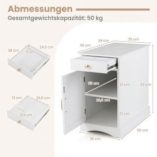 Costway Λευκό Ξύλινο Κομοδίνο με Ενσωματωμένο Σταθμό Φόρτισης και Ρ...