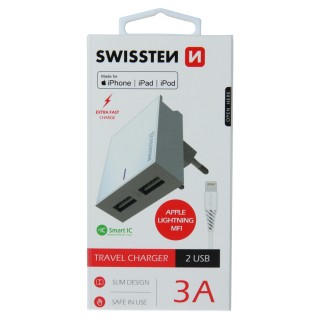 SWISSTEN Φορτιστής Ταξιδιού με Έξυπνο IC και 2x USB 3A + Καλώδιο Δε...