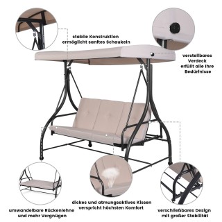 Costway  Τριθέσια Κούνια Βεράντας με Ρυθμιζόμενη Πλάτη και Αφαιρούμ...