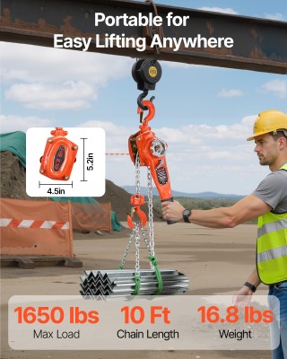 VEVOR Χειροκίνητος Ανυψωτήρας Αλυσίδας, Ικανότητα 3/4Τ 750KG, Μήκος...