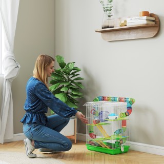 PawHut Πενταώροφο Κλουβί για Χάμστερ με Χρωματιστούς Σωλήνες, Τροχό...