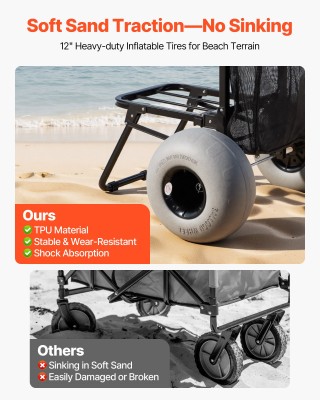 VEVOR Καρότσι Παραλίας με Μεγάλες Ρόδες για Άμμο, Πτυσσόμενο, Ρυθμι...