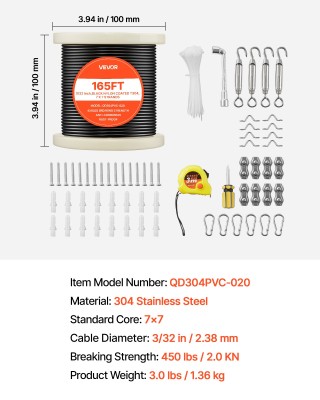 VEVOR Σετ Σύρμα 2.38 mm, 50.3 m, Ανοξείδωτο Ατσάλι 304, Αντοχή 2 kN...