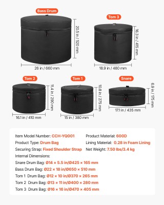 VEVOR Σετ Πέντε Θηκών Τυμπάνων, 600D, Επενδυμένες Θήκες για Μπάσο, ...
