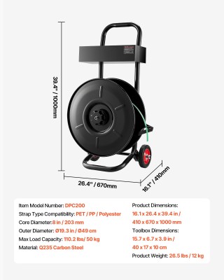 VEVOR Καρότσι Δεσίματος, Διάμετρος Πυρήνα 20.3 εκ, Πλαίσιο Ανθρακού...