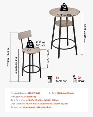 VEVOR Σετ Μπαρ 3τμχ: Στρογγυλό Τραπεζάκι με 2 Σκαμπό σε Γκρι/Μαύρο ...