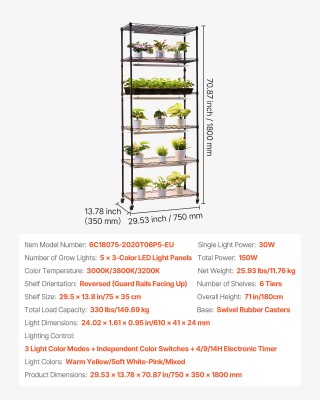 VEVOR 6-όροφος Σταντ Φυτών με Φωτισμό Ανάπτυξης, 71 ίντσες ψηλό με ...