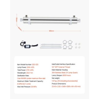 VEVOR Φίλτρο Υπεριώδους Νερού 220V 25W 6GPM SJHXTUV25W6GBE9K5V2 VEVOR Φίλτρο Υπεριώδους Νερού 220V 25W 6GPM SJHXTUV25W6GBE9K5V2