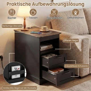 Costway Μαύρο Κομοδίνο με Σταθμό Φόρτισης, Λεπτός Πλαϊνός Τραπεζάκι...