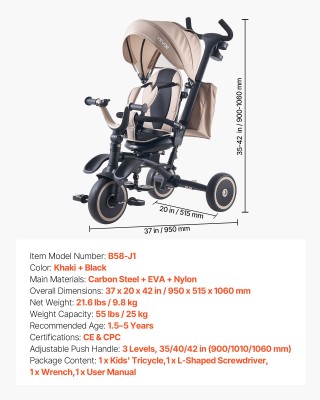 VEVOR Παιδικό Τρίκυκλο και Καρότσι 7 σε 1 με Χειρολαβή, Τέντα και Π...