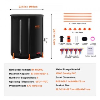 Συλλέκτης Βρόχινου Νερού VEVOR 53 Γαλόνια με Βαλβίδες και Κιτ Υπερχ... Συλλέκτης Βρόχινου Νερού VEVOR 53 Γαλόνια με Βαλβίδες και Κιτ Υπερχ...