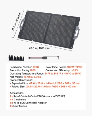 VEVOR 100W Φορητός Πτυσσόμενος Ηλιακός Φορτιστής με Υψηλή Απόδοση κ...