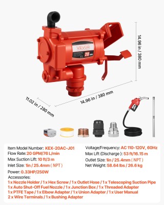 VEVOR Υψηλής Ροής Αντλία Μεταφοράς Καυσίμου 230V, 20 GPM (76 L/min)...