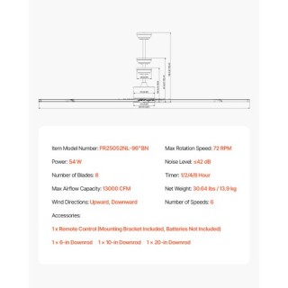 VEVOR Ανεμιστήρας Οροφής Αλουμινίου 244 εκ Χωρίς Φως με Τηλεχειριστ...