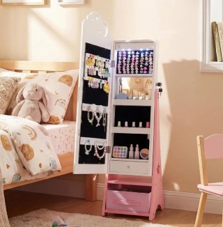 Costway Λευκός Παιδικός Όρθιος Οργανωτής Κοσμημάτων με Φωτισμό και ...