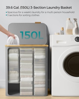 SONGMICS Μεγάλο Καλάθι Ρούχων 150L με Καπάκι και 3 Θήκες, Γκρι, 60x...