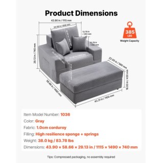 VEVOR Γκρι Πολυθρόνα - Σαλονάκι Χωρίς Συναρμολόγηση, Διαστάσεις 111... VEVOR Γκρι Πολυθρόνα - Σαλονάκι Χωρίς Συναρμολόγηση, Διαστάσεις 111...