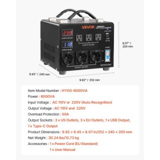 VEVOR Μετασχηματιστής Ισχύος Heavy Duty 6000VA, 110V/220V, 3 US & 3... VEVOR Μετασχηματιστής Ισχύος Heavy Duty 6000VA, 110V/220V, 3 US & 3...