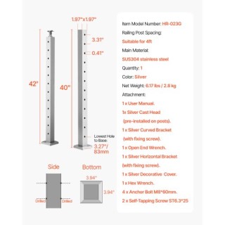 VEVOR Κολόνα Κάγκελου με Προ-Τρυπημένες Οπές 42x2x2 Ίντσες 1JZLGZXY...